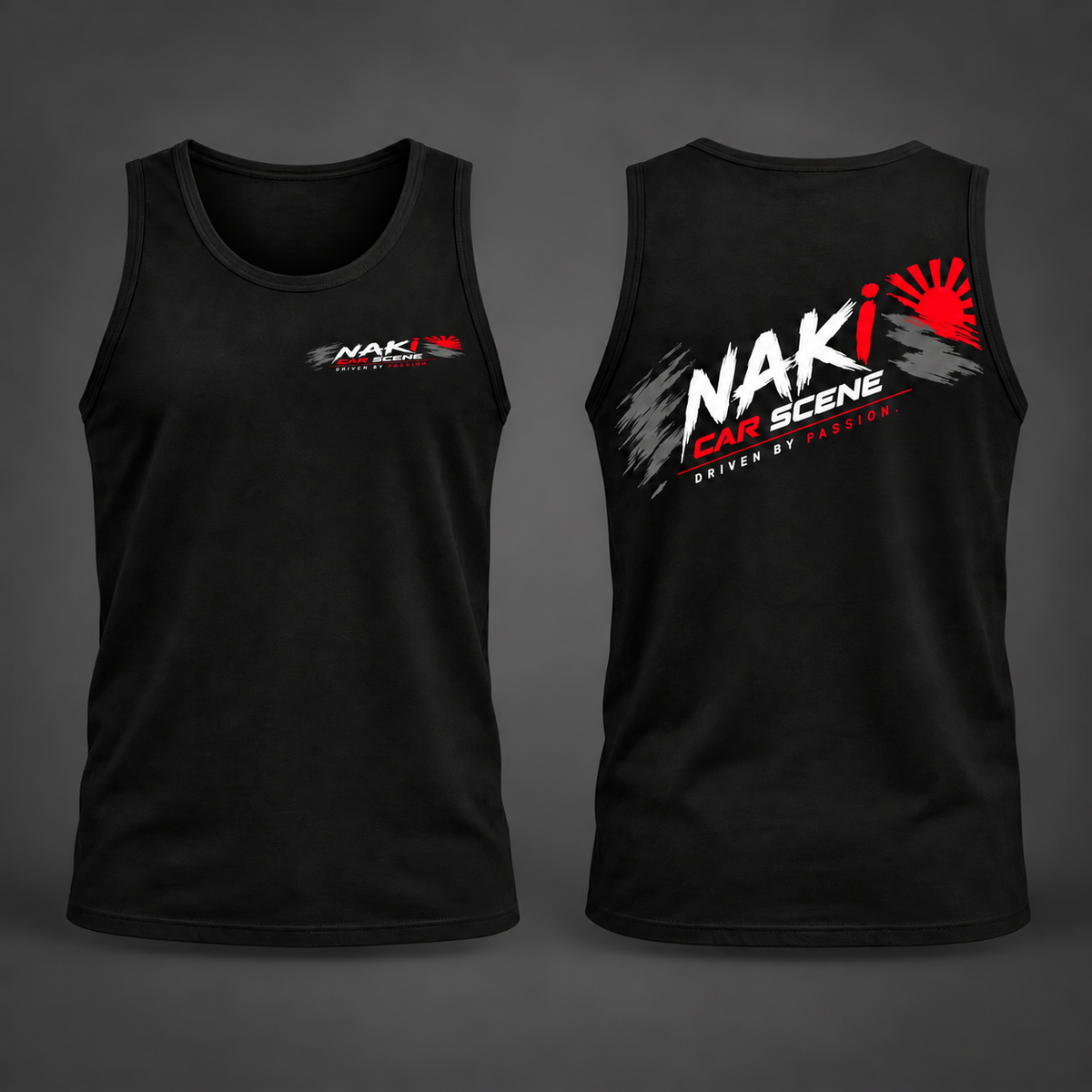 Black NCS singlet front and back with slim 115 × 30mm chest print mockup