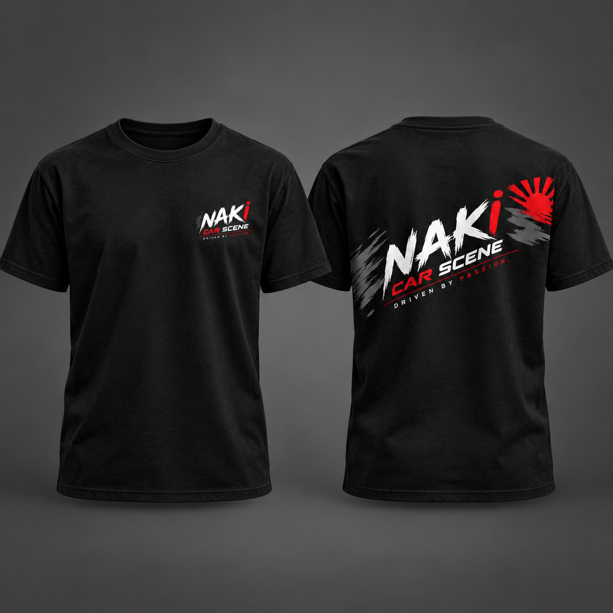 Naki Car Scene black T-shirt front and back print mockup