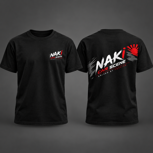 Naki Car Scene black T-shirt front and back print mockup
