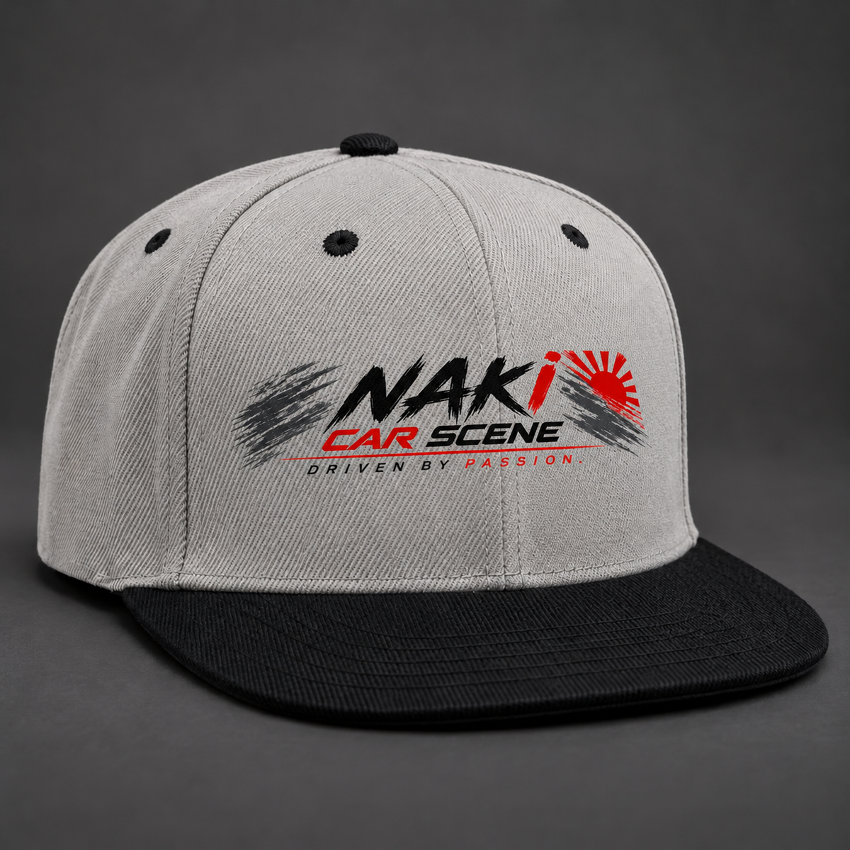 NCS grey crown black peak snapback with 115 × 30mm slim print mockup