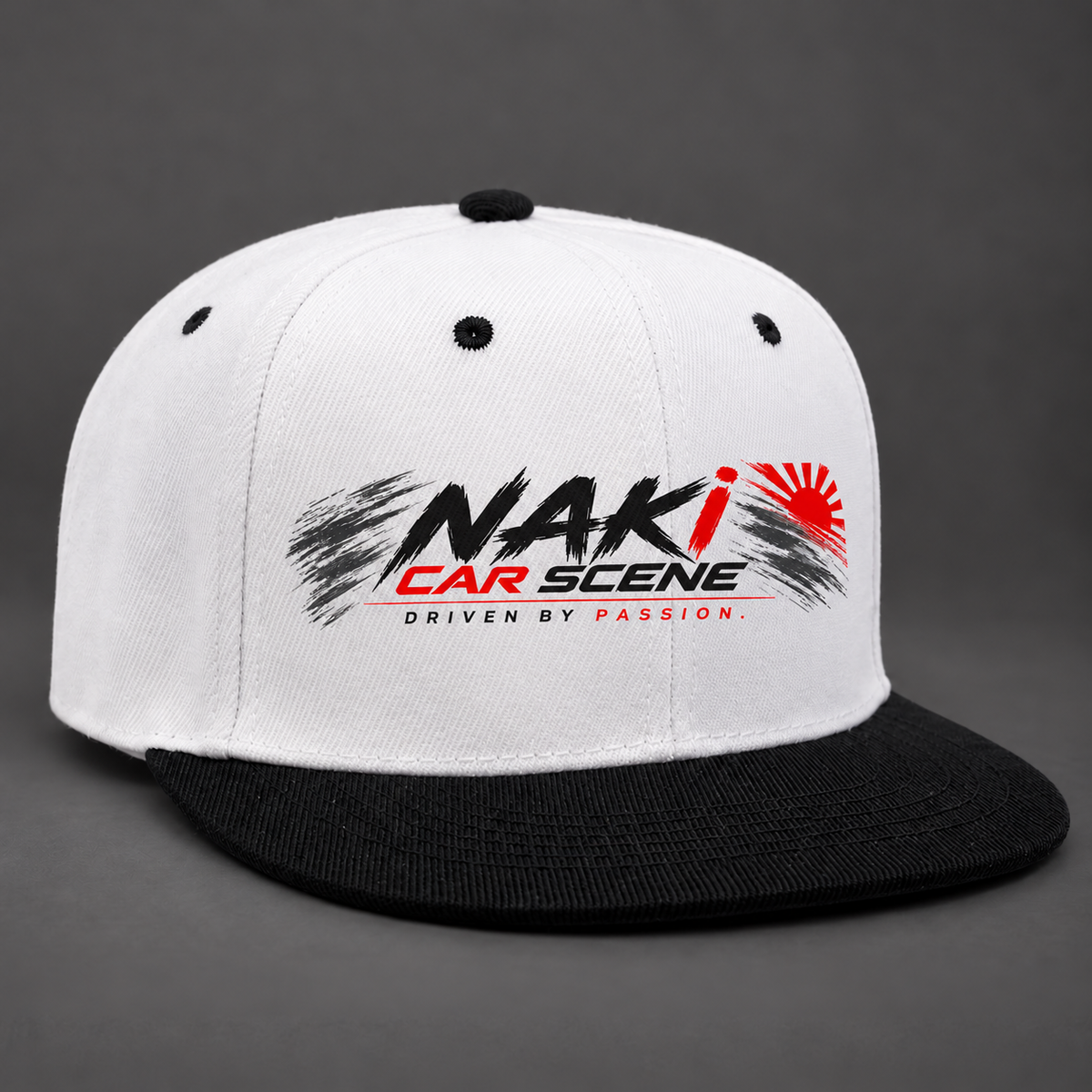 NCS white crown black peak snapback with 115 × 30mm slim print mockup