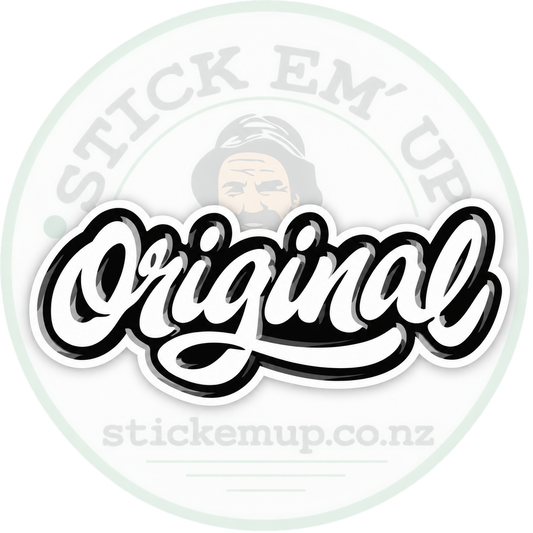 Original Script Sticker with Stick Em’ Up logo watermark