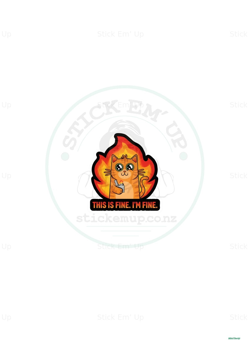 This Is Fine Fire Cat Art Print — protected preview with approved Stick Em’ Up watermark