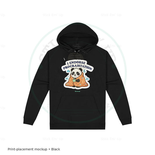 I Endorse Procrastination Panda Hoodie — protected preview with approved Stick Em’ Up watermark