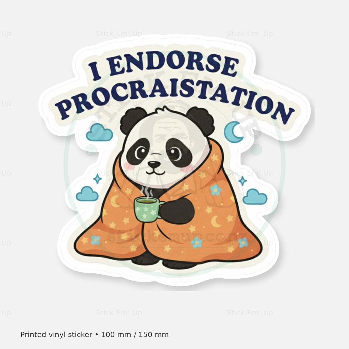 I Endorse Procrastination Panda Sticker — protected preview with approved Stick Em’ Up watermark