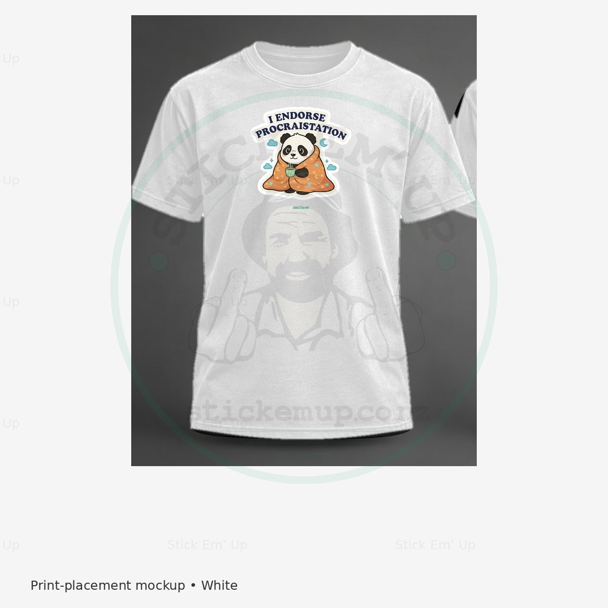 I Endorse Procrastination Panda T-Shirt — protected preview with approved Stick Em’ Up watermark