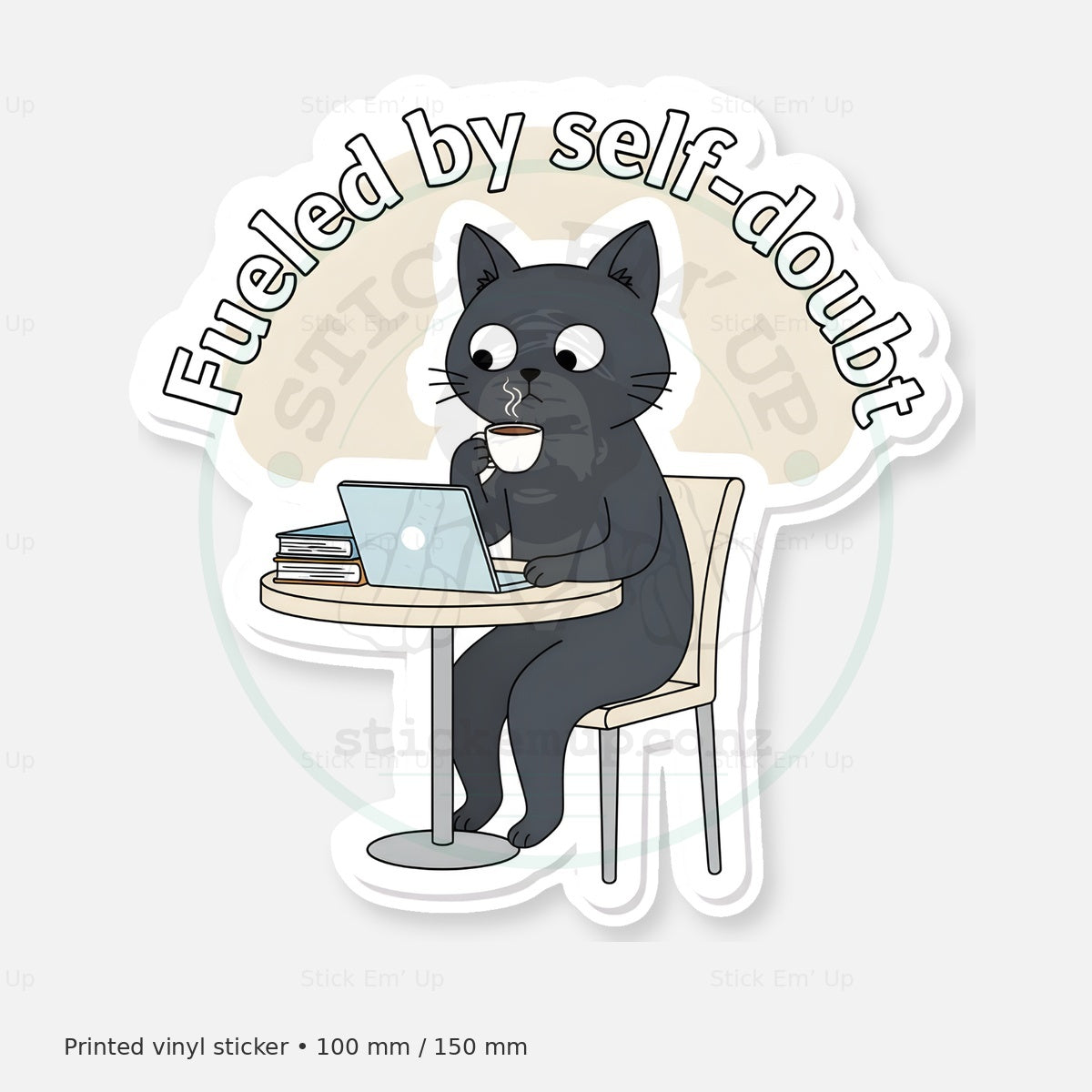Fueled by Self Doubt Cat Sticker — protected preview with approved Stick Em’ Up watermark