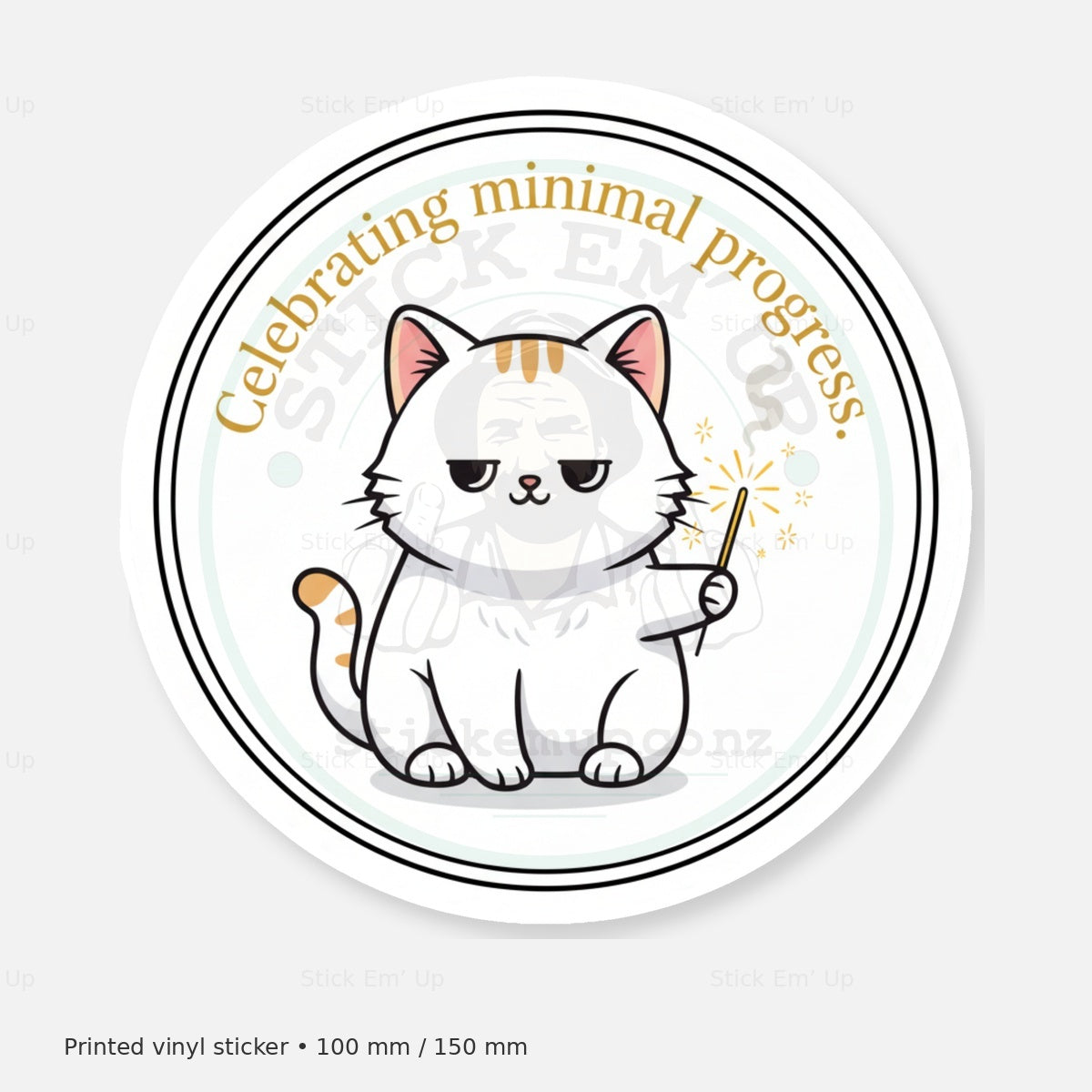 Celebrating Minimal Progress Cat Sticker — protected preview with approved Stick Em’ Up watermark