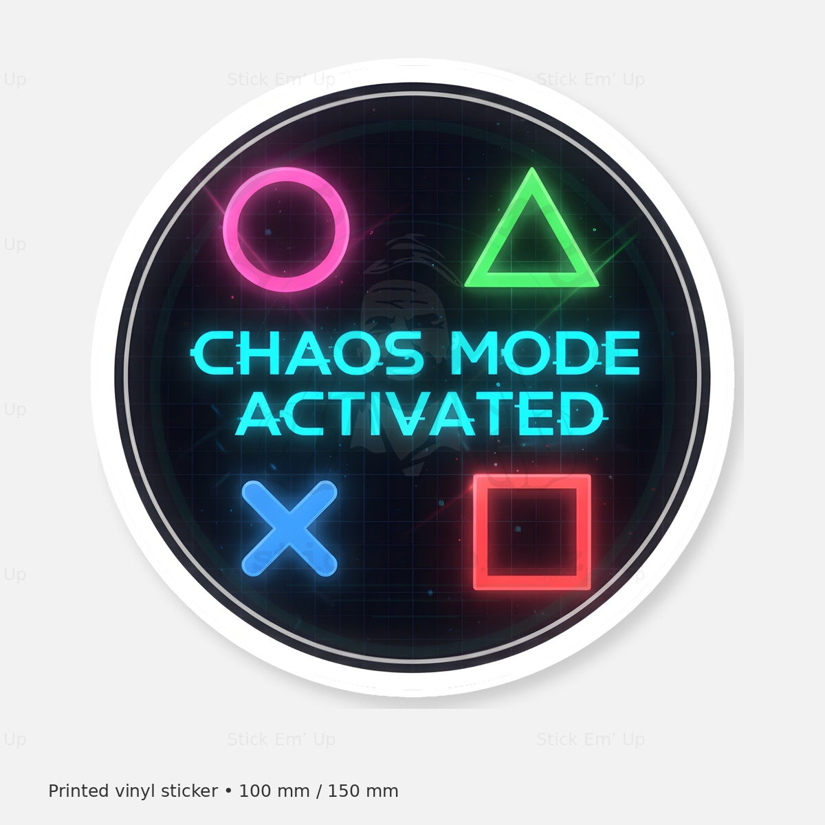 Chaos Mode Activated Sticker — protected preview with approved Stick Em’ Up watermark