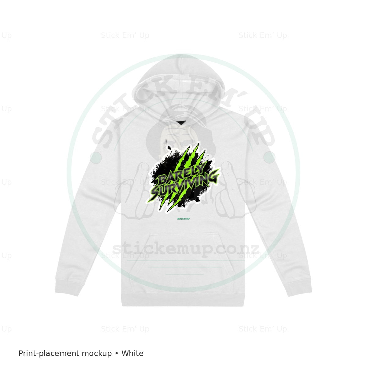 Barely Surviving Hoodie — protected preview with approved Stick Em’ Up watermark