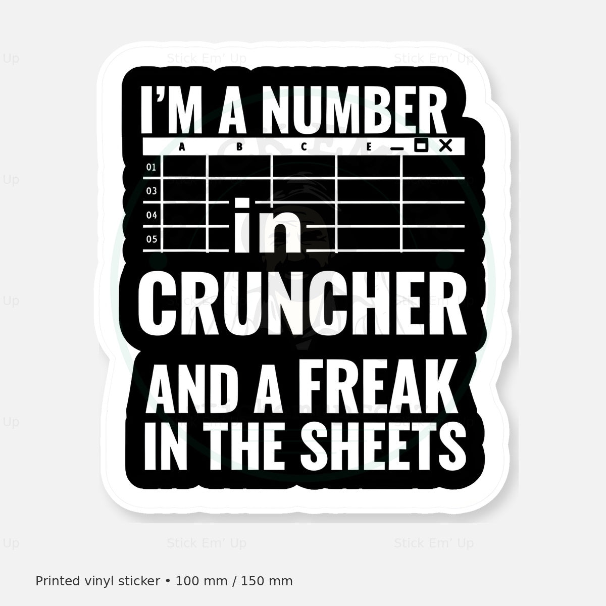 Number Cruncher Sticker — protected preview with approved Stick Em’ Up watermark