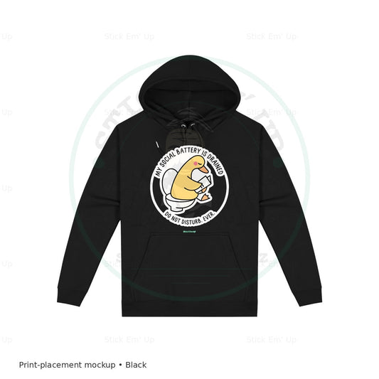 Social Battery Drained Duck Hoodie — protected preview with approved Stick Em’ Up watermark
