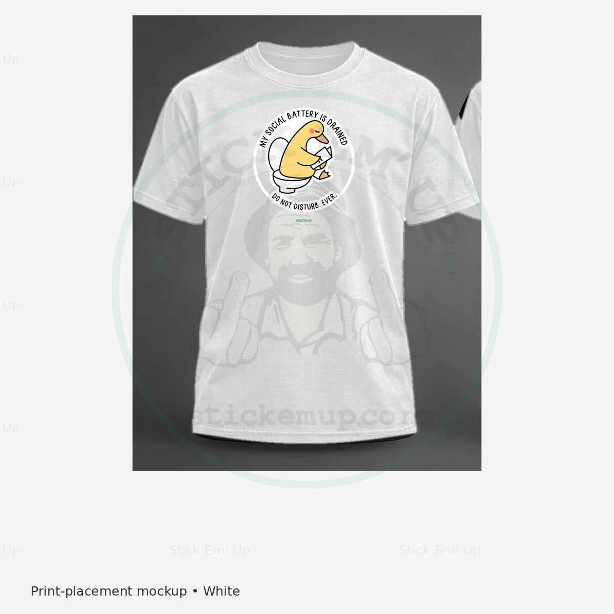 Social Battery Drained Duck T-Shirt — protected preview with approved Stick Em’ Up watermark