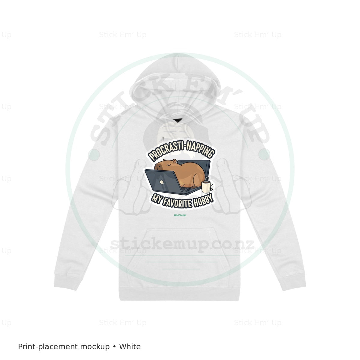 Procrasti Napping Hoodie — protected preview with approved Stick Em’ Up watermark