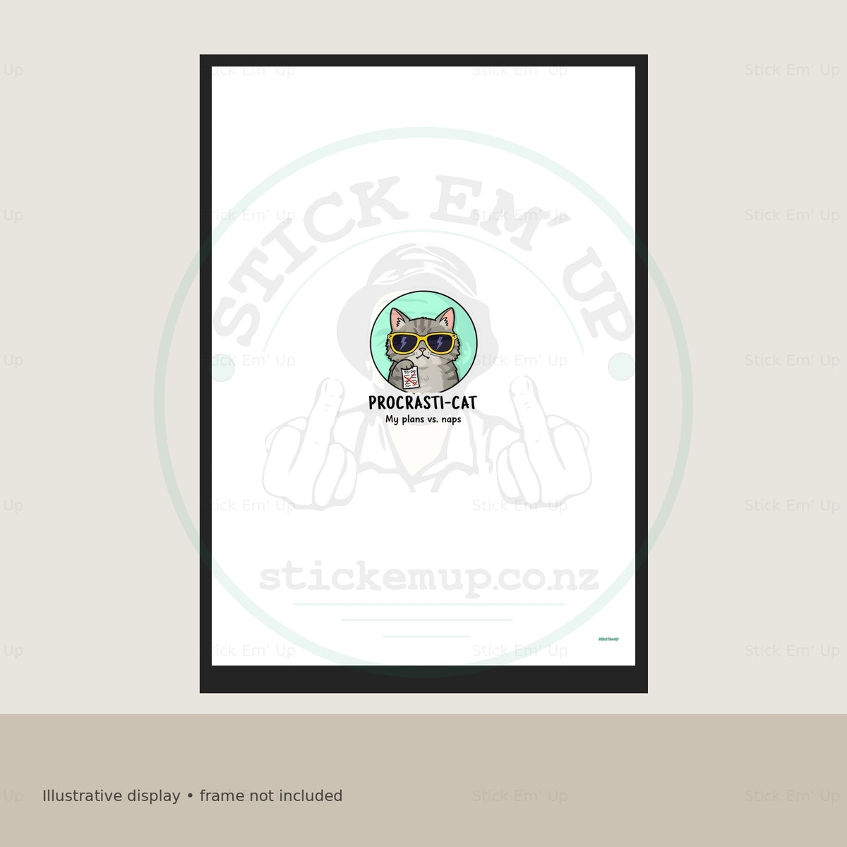 Procrasti Cat Art Print — protected preview with approved Stick Em’ Up watermark