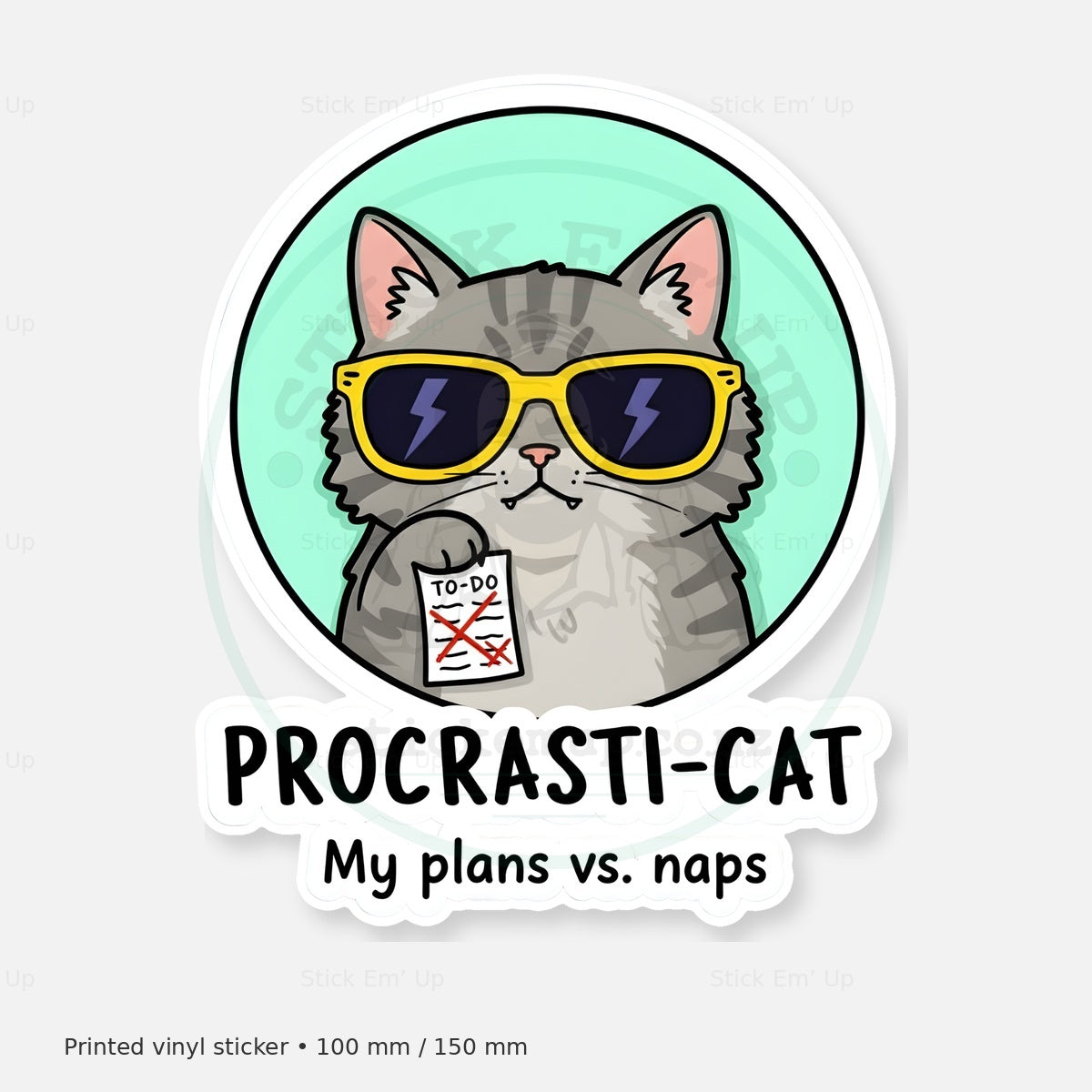 Procrasti Cat Sticker — protected preview with approved Stick Em’ Up watermark