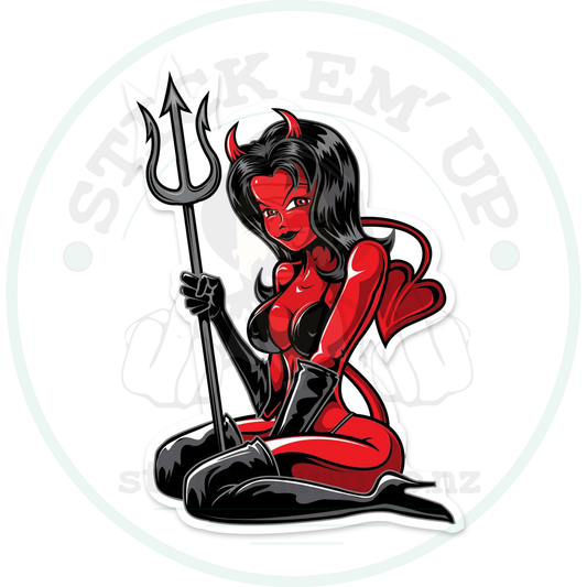 Red devil sticker with cut-contour shadow and faint Stick Em’ Up watermark