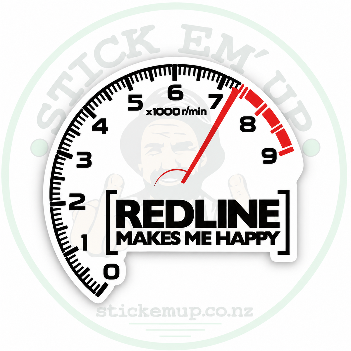 Redline Makes Me Happy Sticker with Stick Em’ Up logo watermark