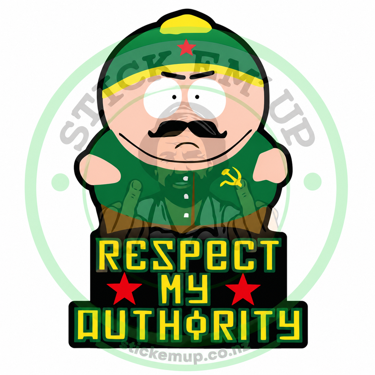 Respect My Authority Cartoon Sticker with Stick Em' Up logo watermark