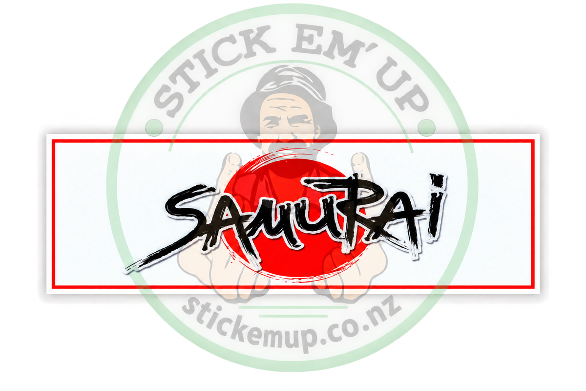 Samurai Red Sun Script Sticker with Stick Em' Up logo watermark