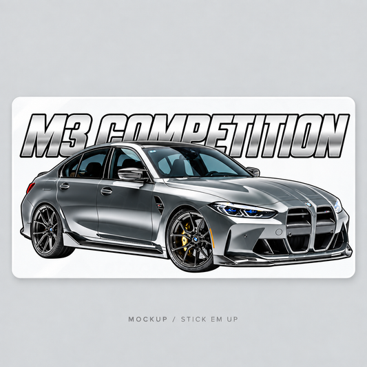 BMW M3 G80 Competition Silver Line vinyl sticker — soft cut-contour shadow; faint watermarked preview