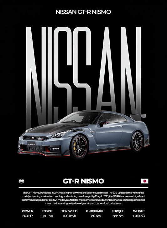 Nissan GT-R Nismo Performance Series poster artwork, silver front three-quarter car