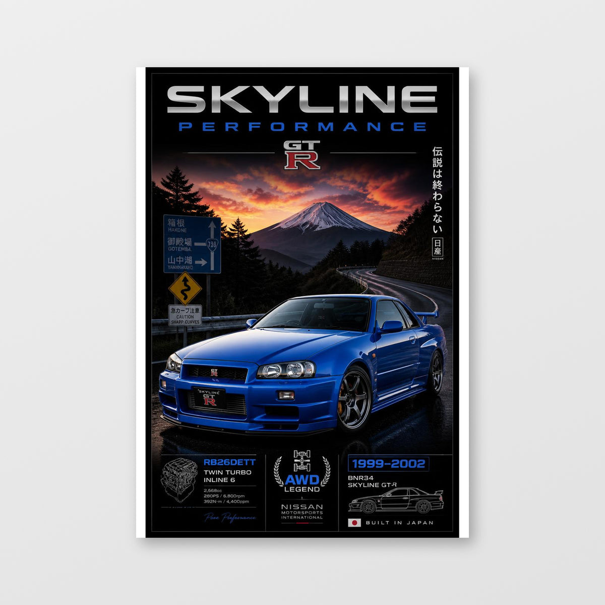Nissan Skyline GT-R R34 — Skyline Performance Poster displayed as an unframed wall print
