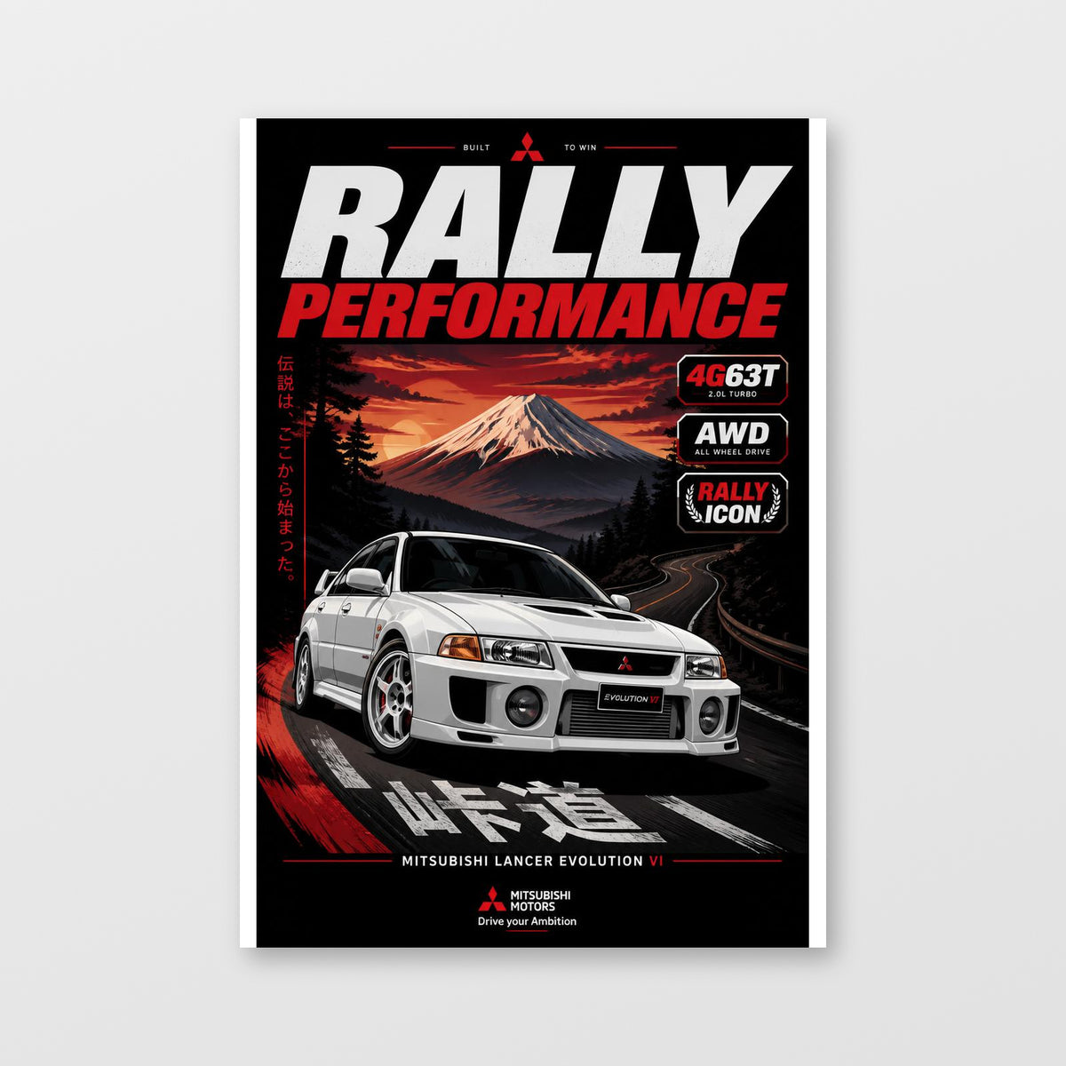 Mitsubishi Lancer Evolution VI — Rally Performance Poster displayed as an unframed wall print
