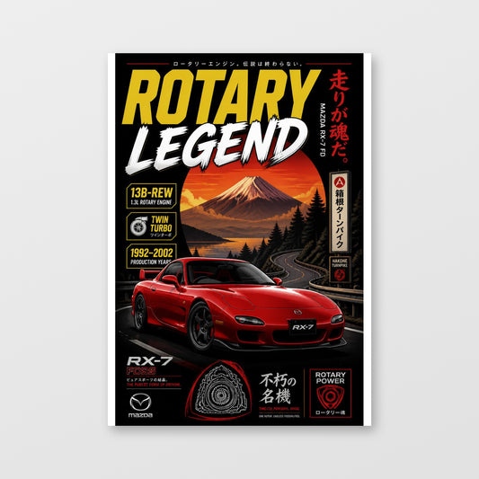 Mazda RX-7 FD — Rotary Legend Sunset Poster displayed as an unframed wall print