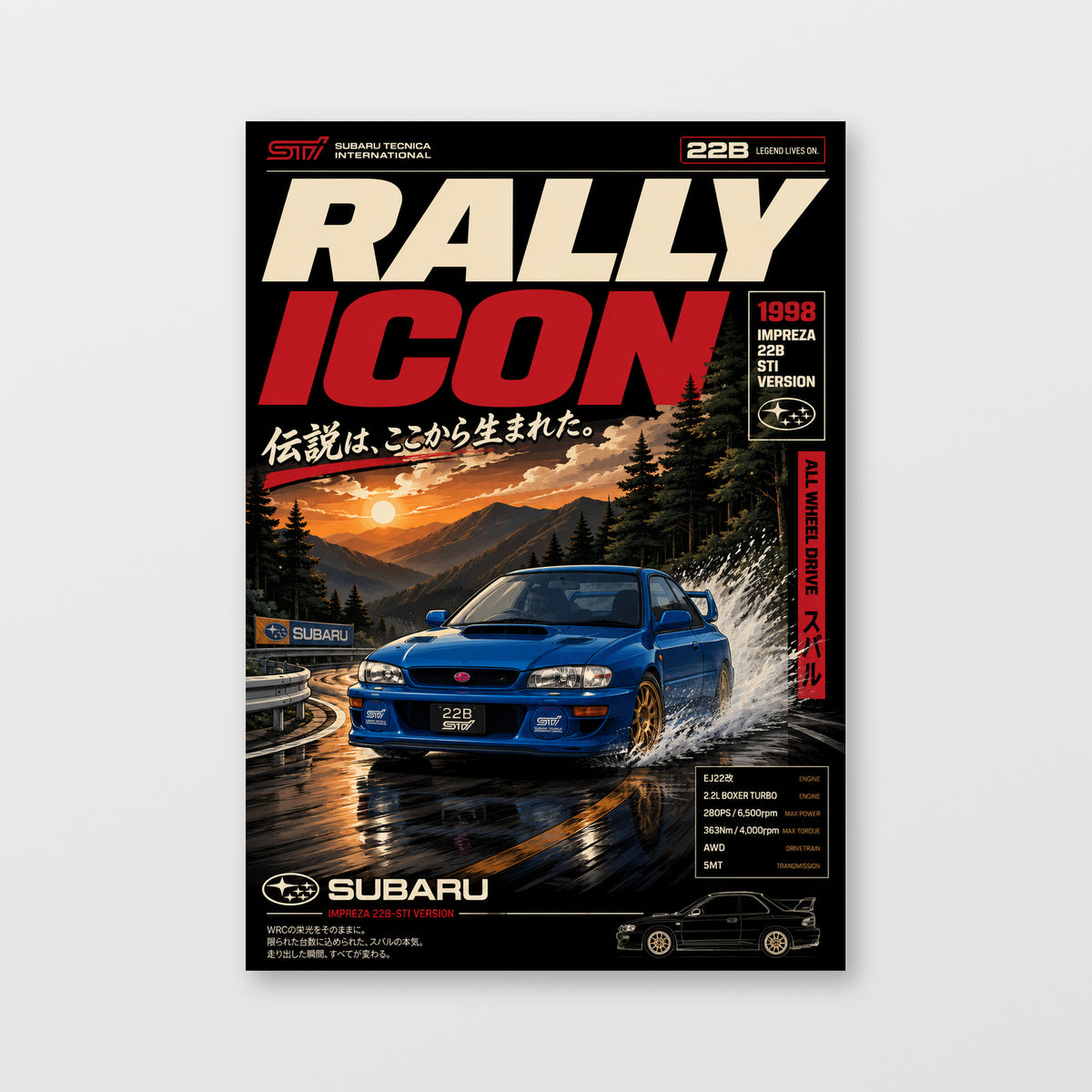 Subaru Impreza 22B STI — Rally Icon Poster displayed as an unframed wall print