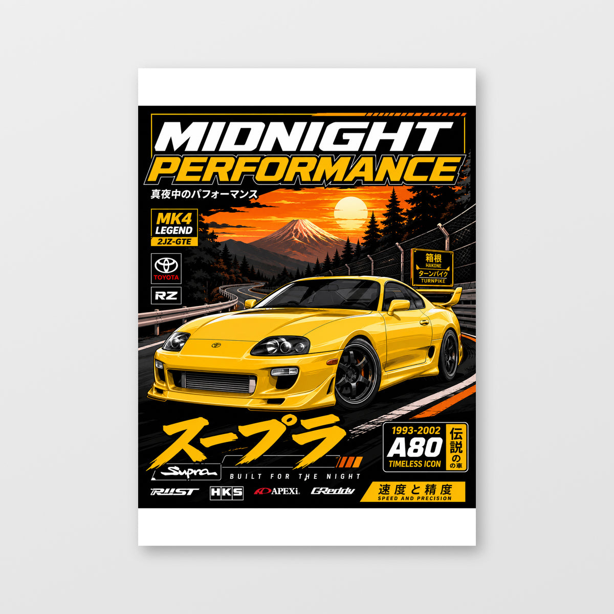 Toyota Supra MK4 — Midnight Performance Poster displayed as an unframed wall print