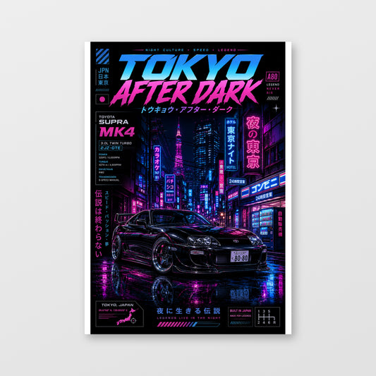 Toyota Supra MK4 — Tokyo After Dark Poster displayed as an unframed wall print