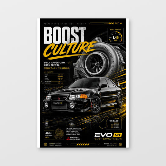 Mitsubishi Lancer Evolution VI — Boost Culture Poster displayed as an unframed wall print