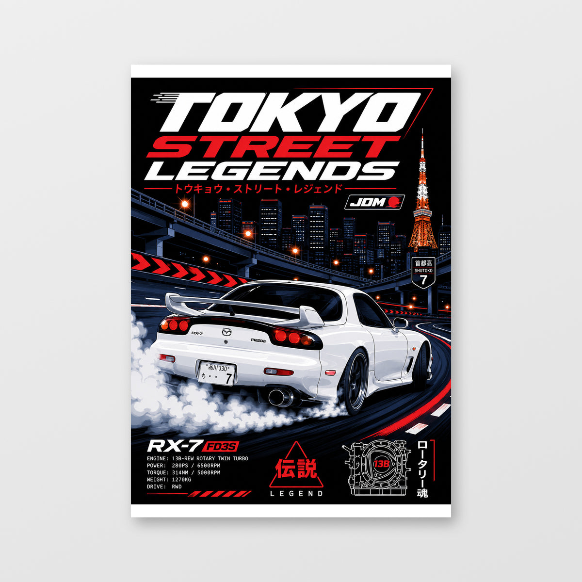 Mazda RX-7 FD — Tokyo Street Legends Poster displayed as an unframed wall print