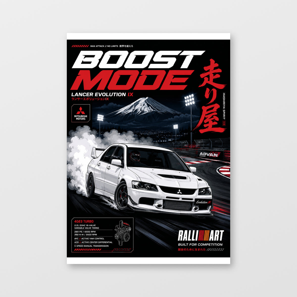 Mitsubishi Lancer Evolution IX — Boost Mode Poster displayed as an unframed wall print