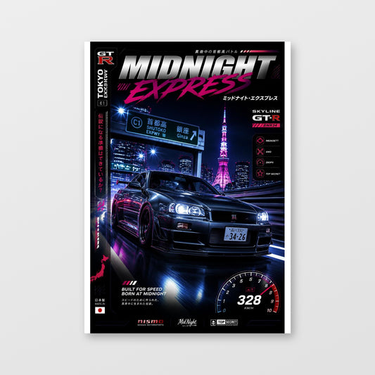 Nissan Skyline GT-R R34 — Midnight Express Poster displayed as an unframed wall print