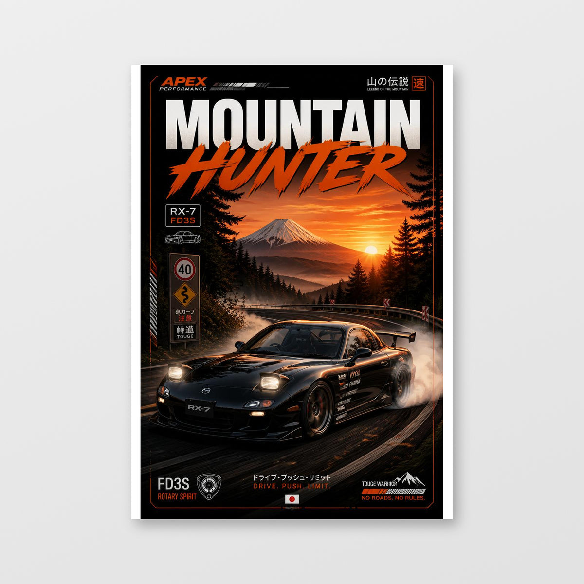 Mazda RX-7 FD — Mountain Hunter Poster displayed as an unframed wall print