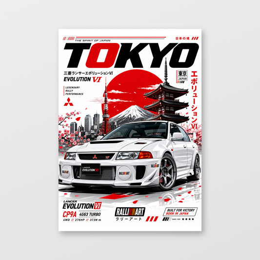 Mitsubishi Lancer Evolution VI — Spirit of Japan Poster displayed as an unframed wall print
