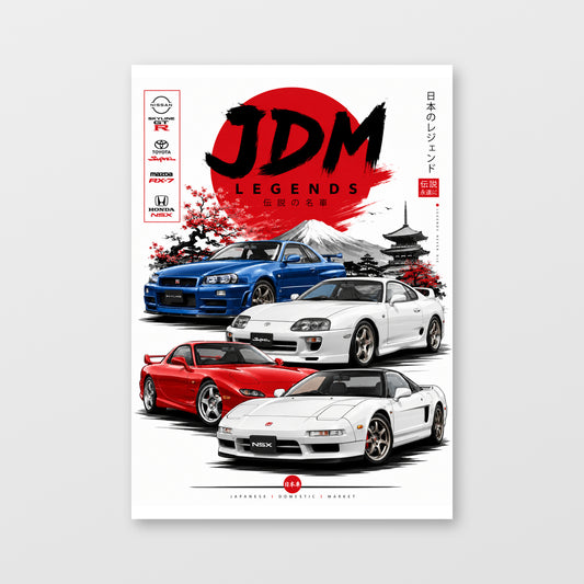 JDM Legends — Japanese Icons Lineup Poster displayed as an unframed wall print