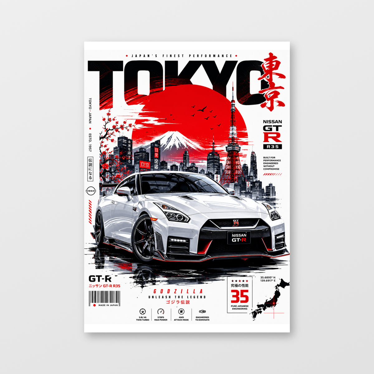 Nissan GT-R R35 — Tokyo Godzilla Poster displayed as an unframed wall print