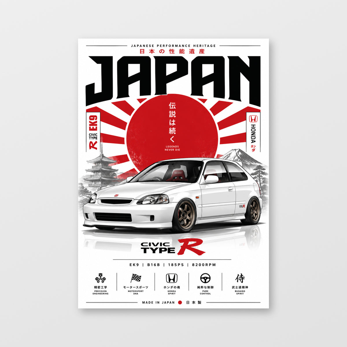 Honda Civic Type R EK9 — Japan Rising Sun Poster displayed as an unframed wall print