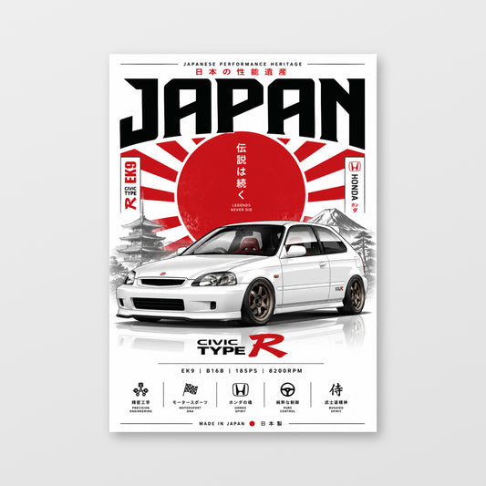 Honda Civic Type R EK9 — Japan Rising Sun Poster displayed as an unframed wall print