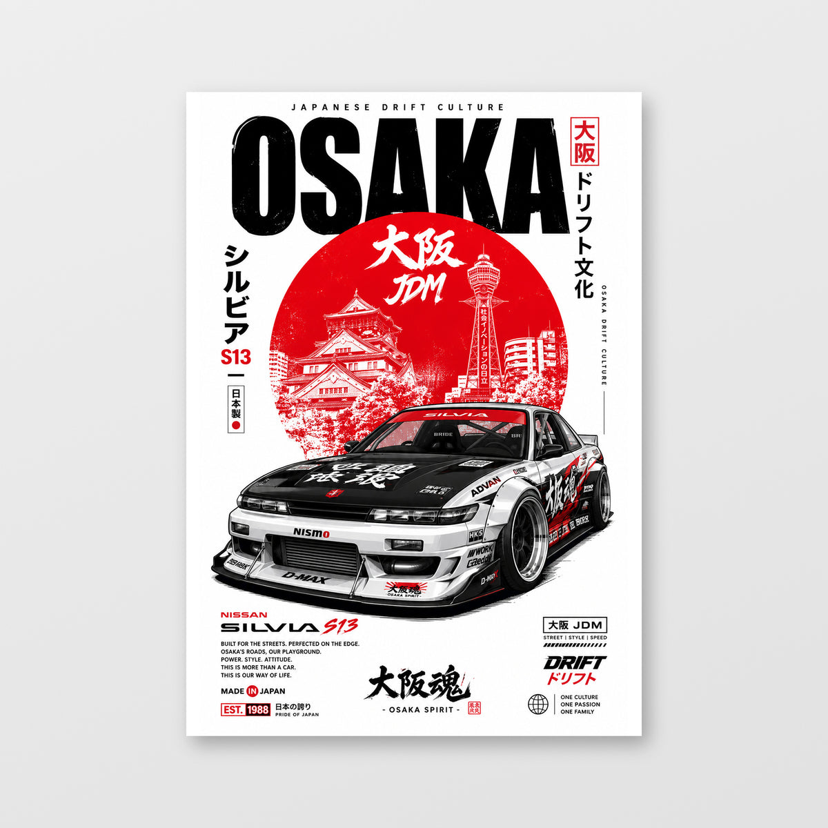 Nissan Silvia S13 — Osaka Drift Culture Poster displayed as an unframed wall print