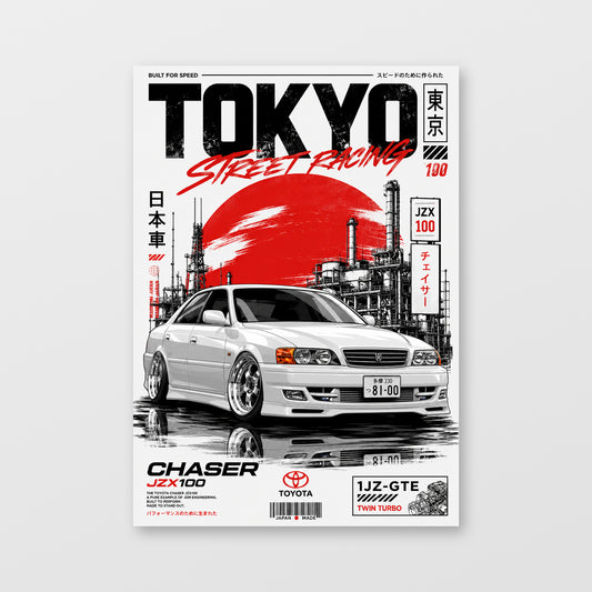 Toyota Chaser JZX100 — Tokyo Street Racing White Poster displayed as an unframed wall print