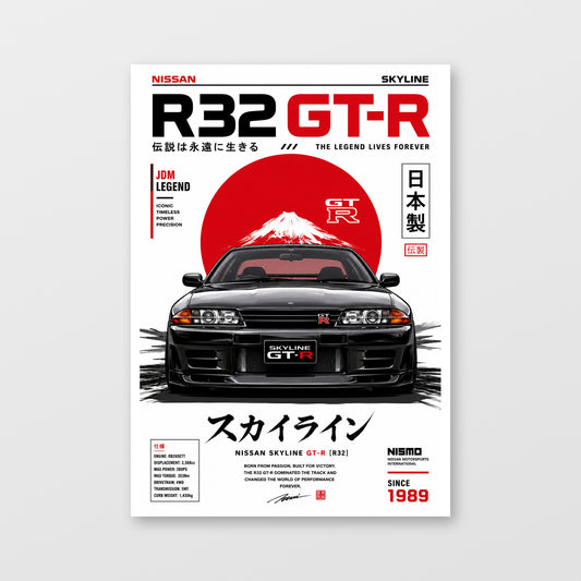 Nissan Skyline GT-R R32 — The Legend Lives Poster displayed as an unframed wall print