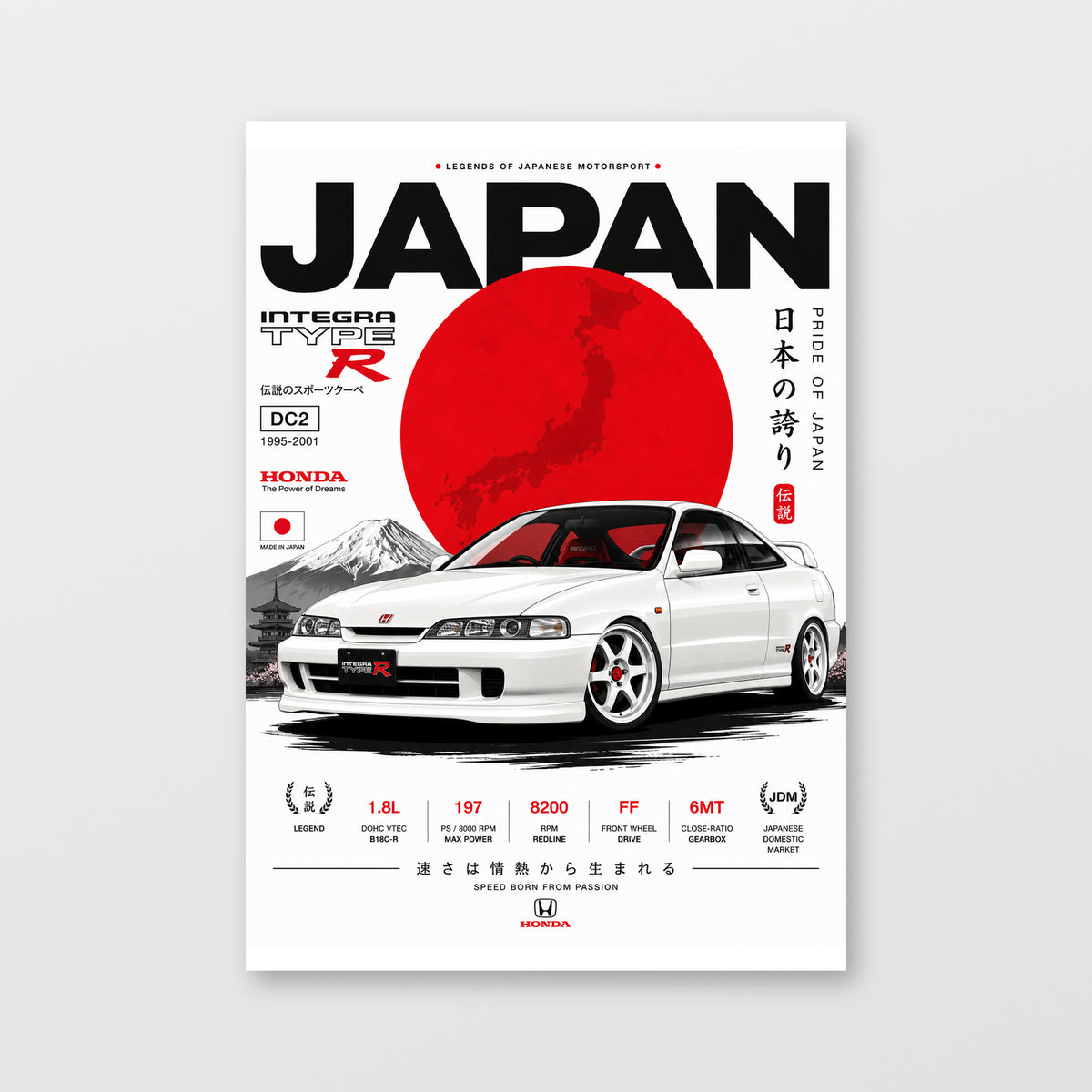 Honda Integra Type R DC2 — Pride of Japan Poster displayed as an unframed wall print
