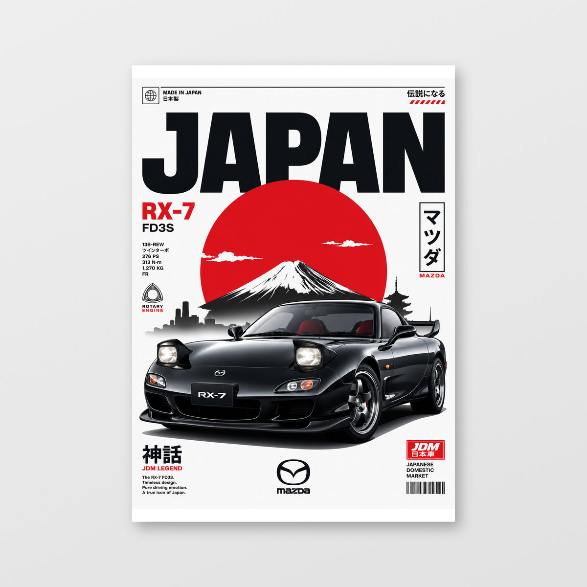 Mazda RX-7 FD — Japan Performance Black Poster displayed as an unframed wall print