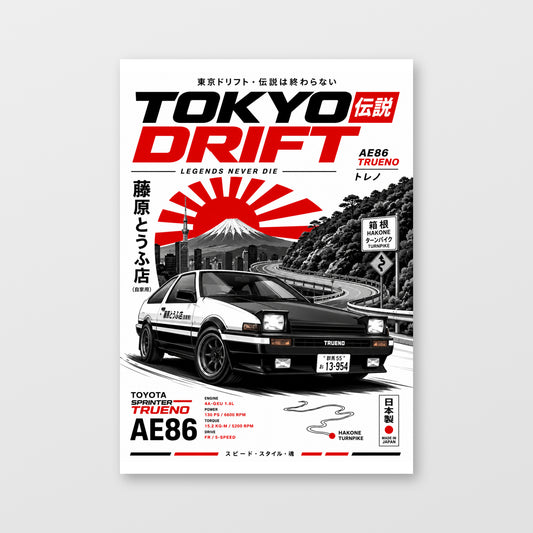 Toyota AE86 — Tokyo Drift Poster displayed as an unframed wall print