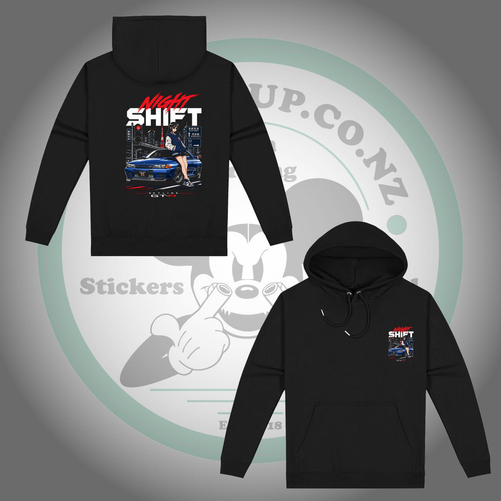 Nissan Skyline GT-R R32 — Night Shift — Black Hoodie — front and back views with matching chest and back prints