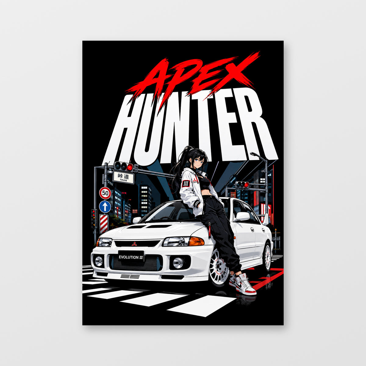 Mitsubishi Lancer Evolution III — Apex Hunter Poster, solid black background, unframed wall mockup